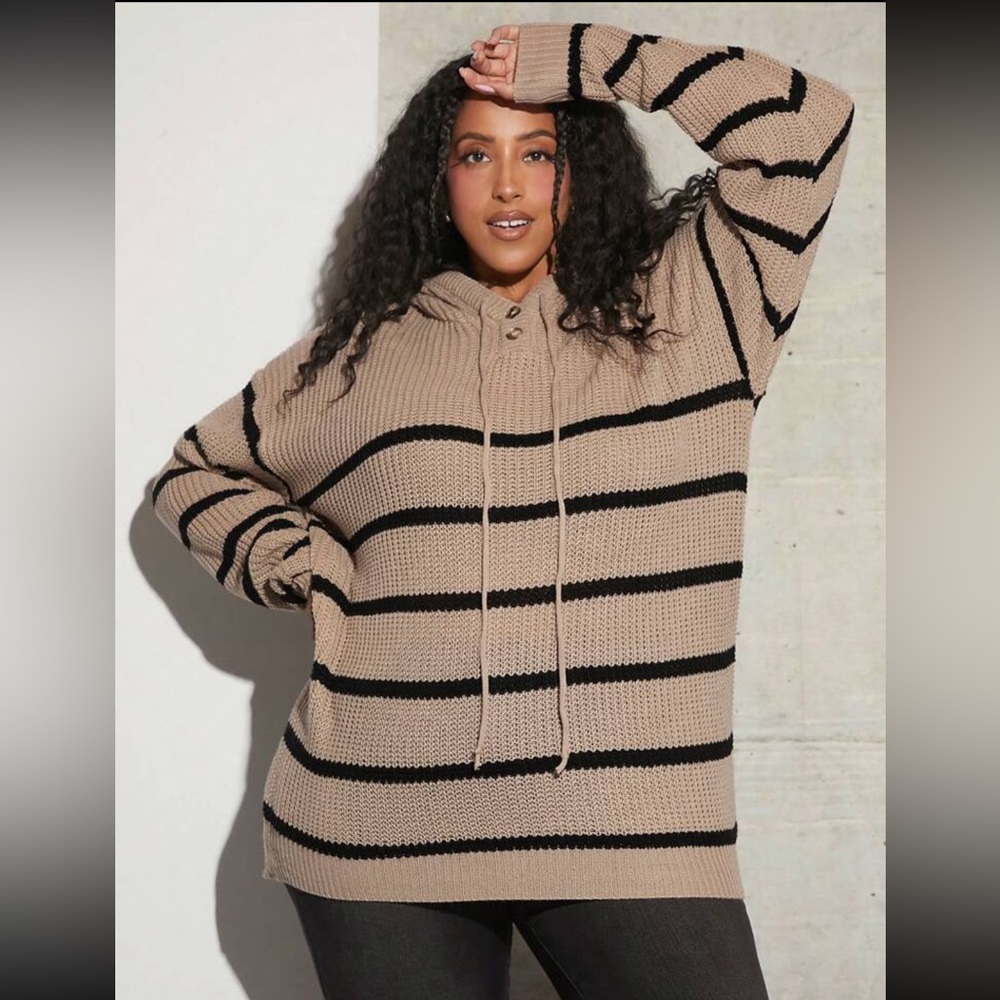 Drawstring loose knit hooded sweatshirt